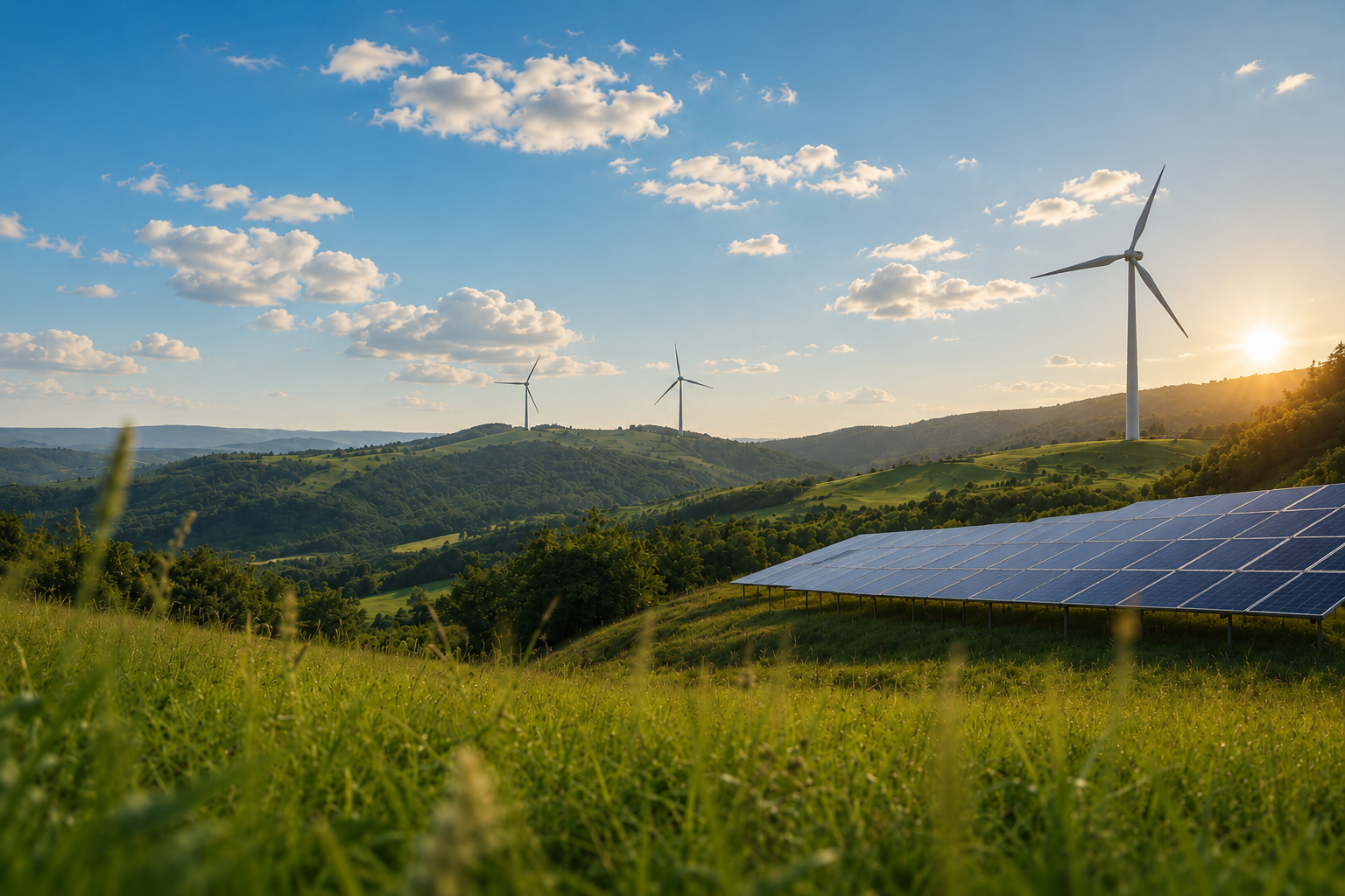 Grüne Landschaft mit Windrädern und Solaranlage